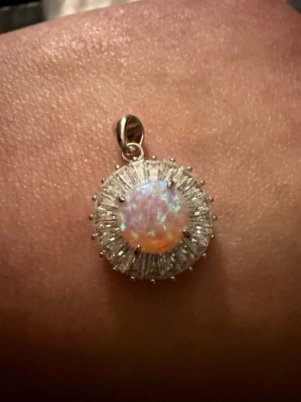 Natural Fire Opal Diamond Vintage Pendant 14K White Gold Finish 18" Free Chain